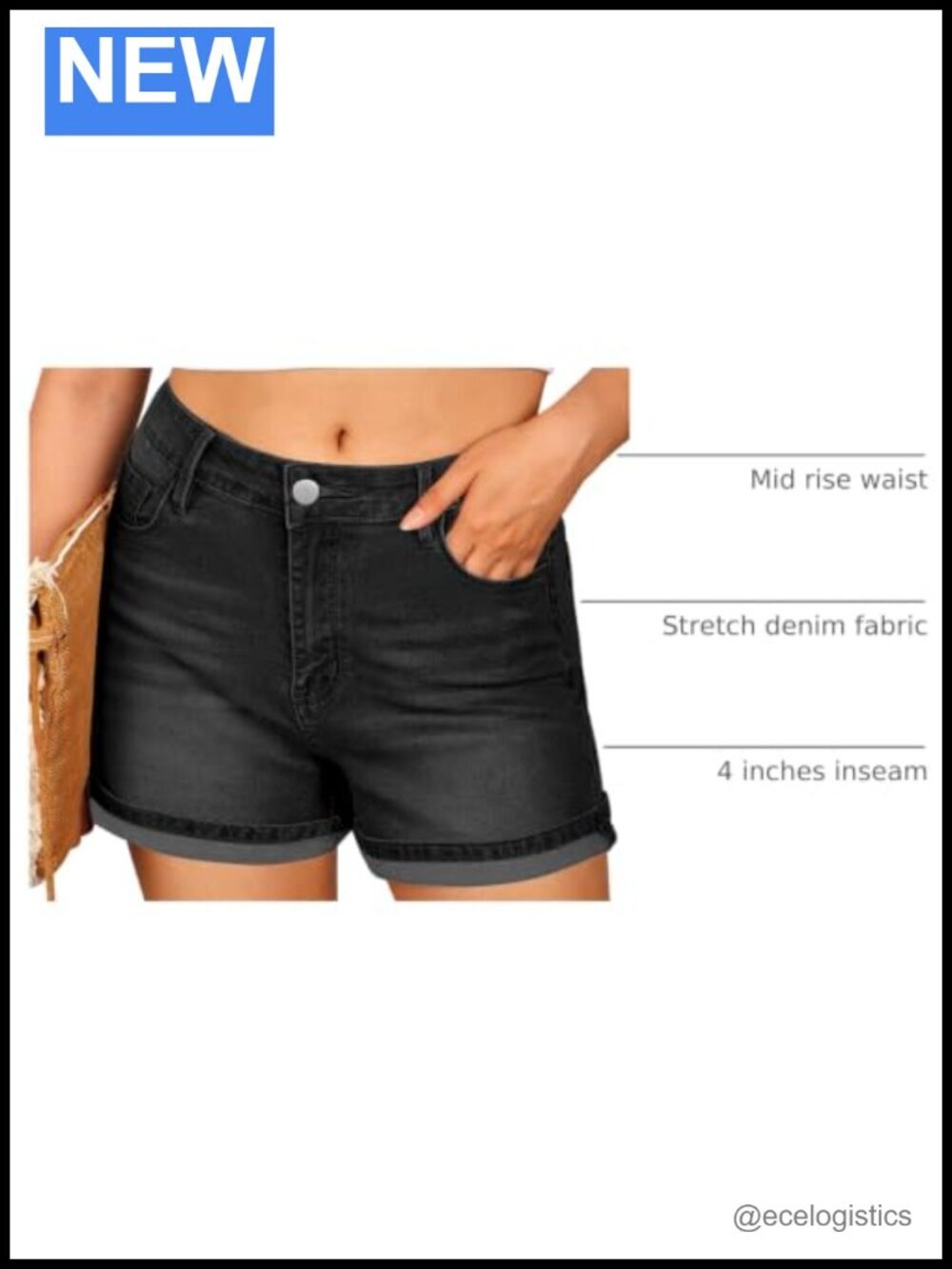 Mid Rise Fold Hem Denim Shorts for Women Stretchy - Picture 3 of 6
